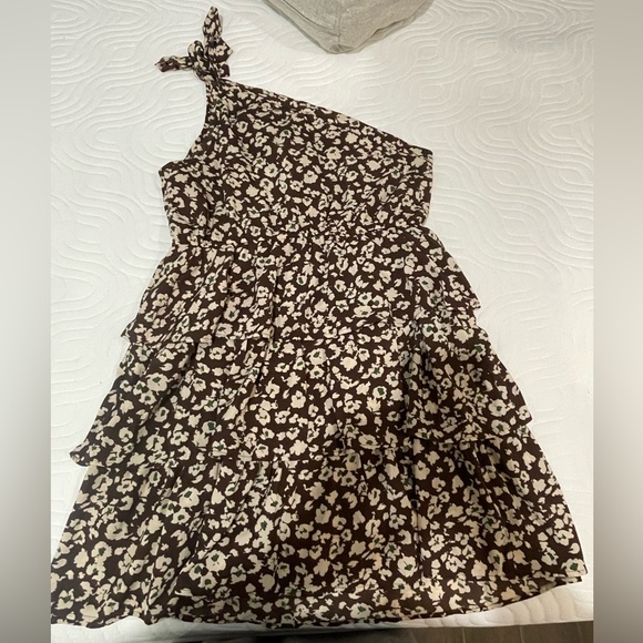 Women's Brown Floral One Shoulder Sleeveless Ruffle Hem Flowy Boho Mini Dress - Picture 1 of 2